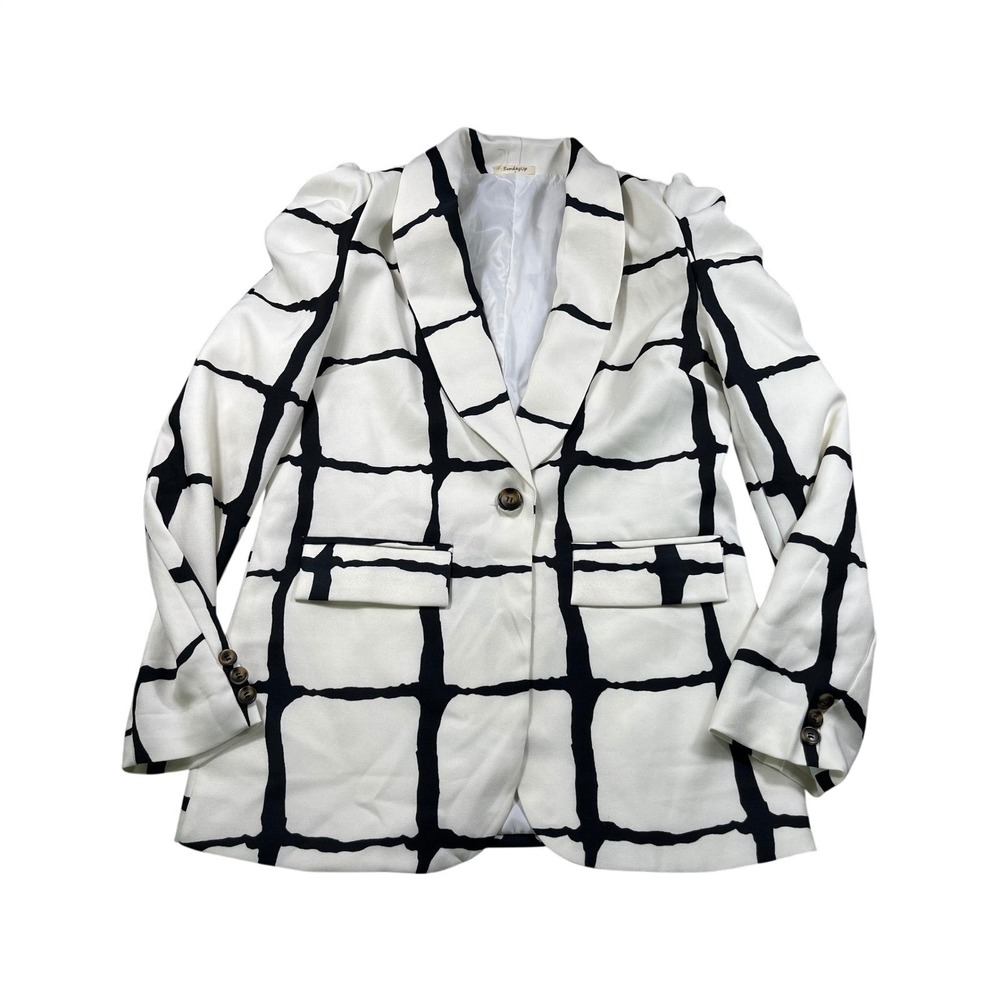 Sundayup White Black Windowpane Print Long Blazer Jacket Size S